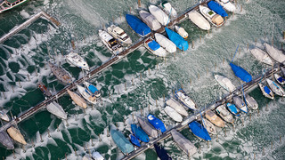 Boats in the port of Constance at Lake Constance in winter