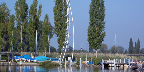 Port in Moos with a solar tower at Lake Constance